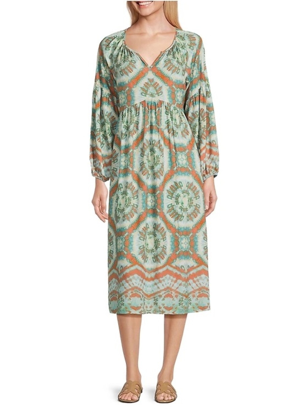 Nurture Westbound Boho Tie Dye Midi Dress M Teal Rust Babydoll Long Sleeve Flowy